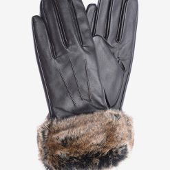 Barbour Fur Trimmed Leather Gloves - Dark Brown