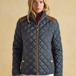 Joules Braemar Luxe Navy Blue Showerproof Diamond Quilted Coat