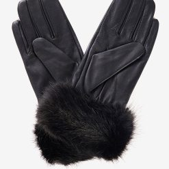 Barbour Fur Trimmed Leather Gloves - Black
