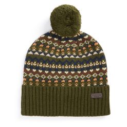 Barbour Marlow Fair Isle Pom Beanie Hat Olive